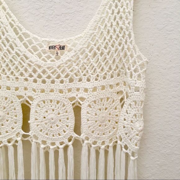 Boho Crochet Knit Cream Festival Tank Fringe Trim, Sexy Cute Hippie - Picture 4 of 8